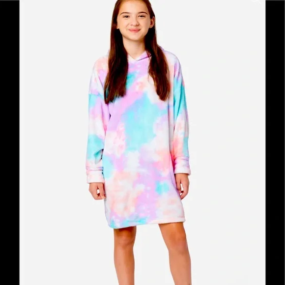 NWT 12 14 16 18 JUSTICE tie dye rainbow ombre hoodie pajamas nightgown loungewea - Picture 1 of 5